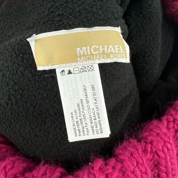 Michael Michael Kors Cable Knit Fleece Lined Hat with Pom-Pom in Fuchsia Pink - Picture 4 of 4